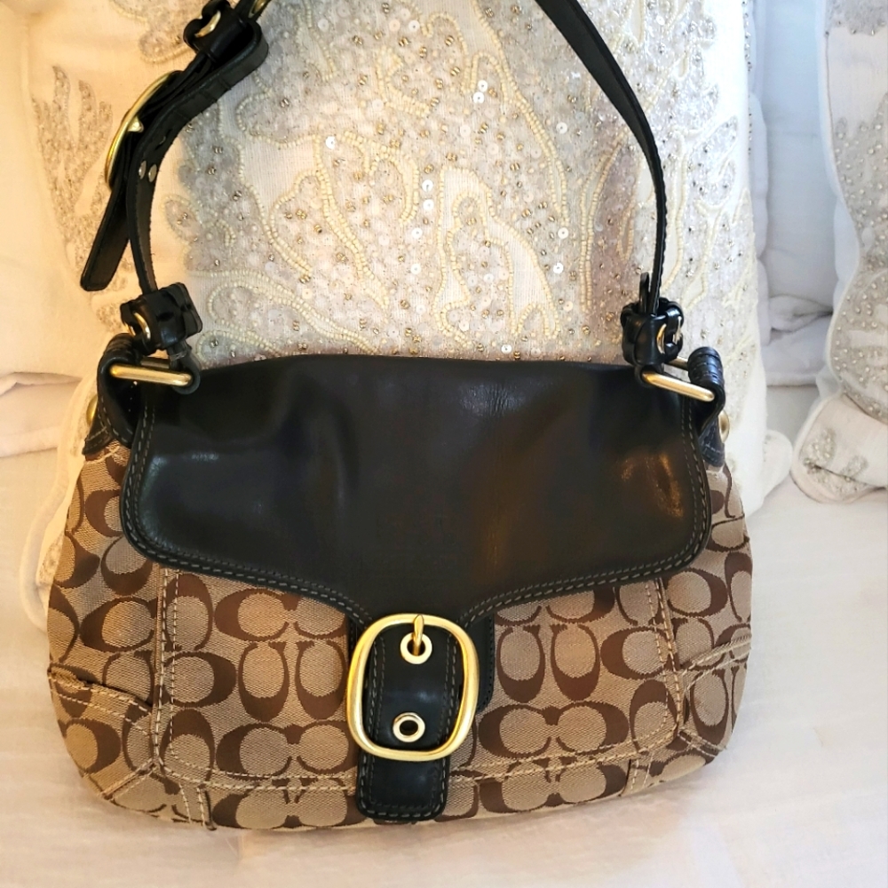 Coach Bag Women's Leather Canvas Logo Shoulder Bag Dark Brown EUC